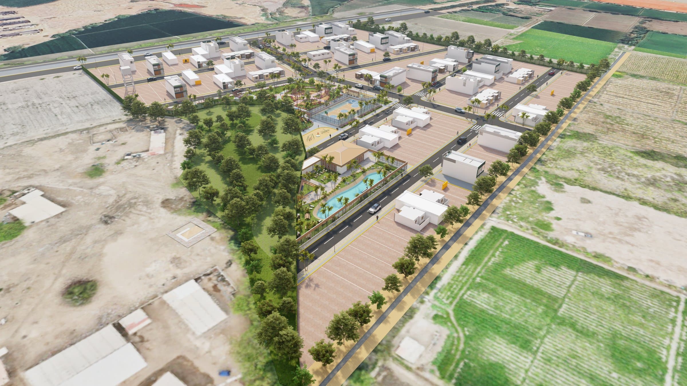 Vista aérea del plano general del condominio El Poblado, con casa club, cancha deportiva y manzanas de lotes