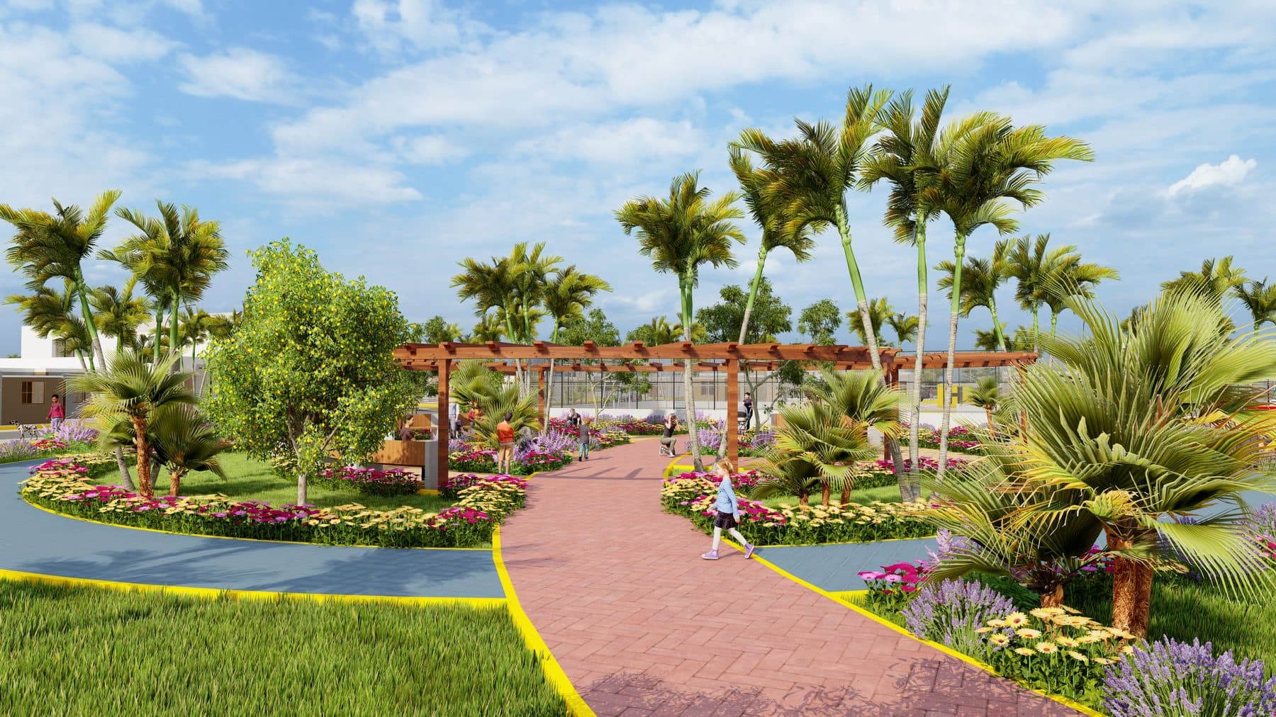 Parque interior con pérgola y áreas verdes del condominio El Poblado